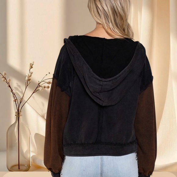POL Black & Brown Color Block Zip Up Hoodie Jacket | Boho Artistic Drawstrings - Picture 3 of 7